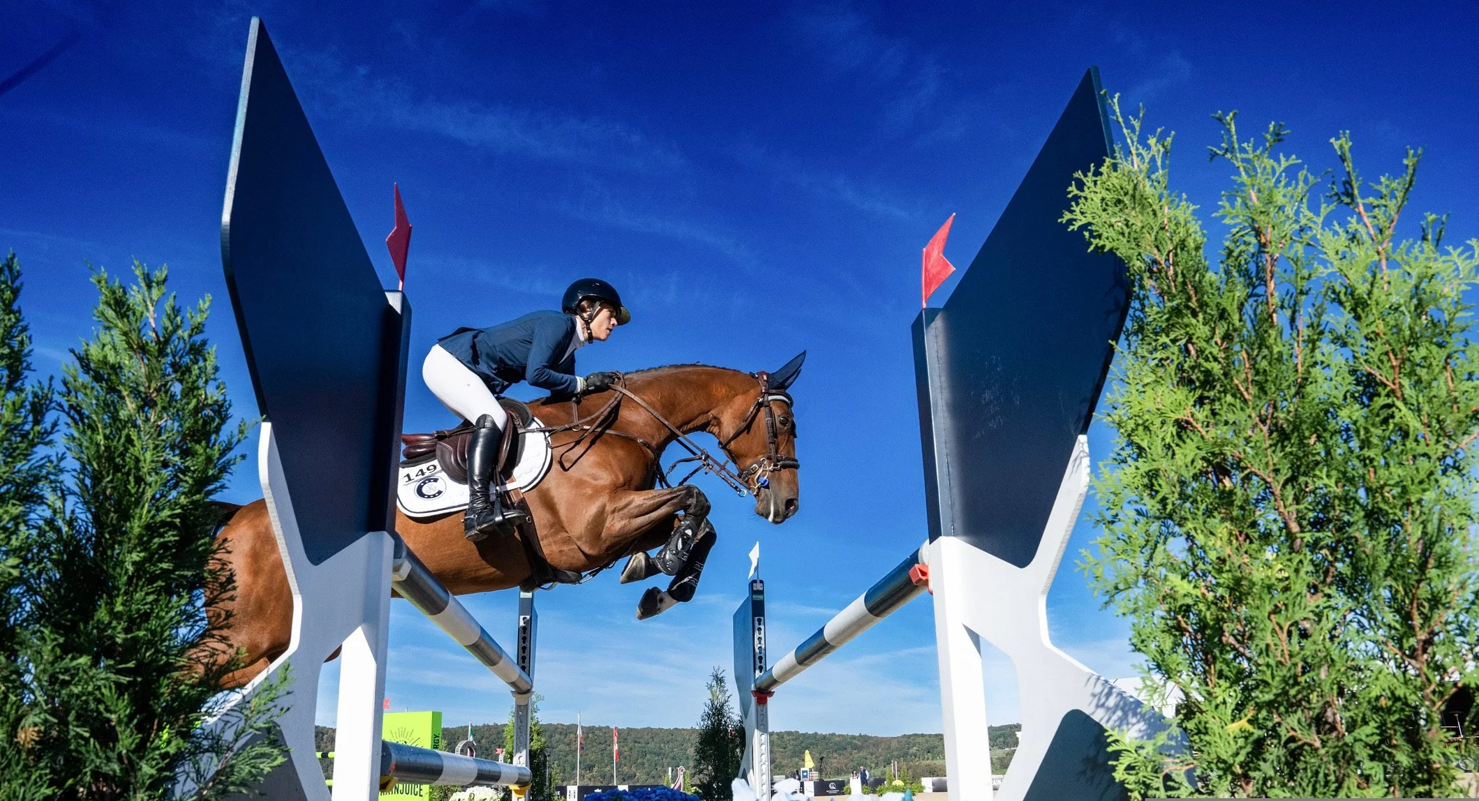 A female equestrian rider wearing a helmet and riding breeches jumps over an obstacle during a show jumping event, with green trees and a blue sky in the background.