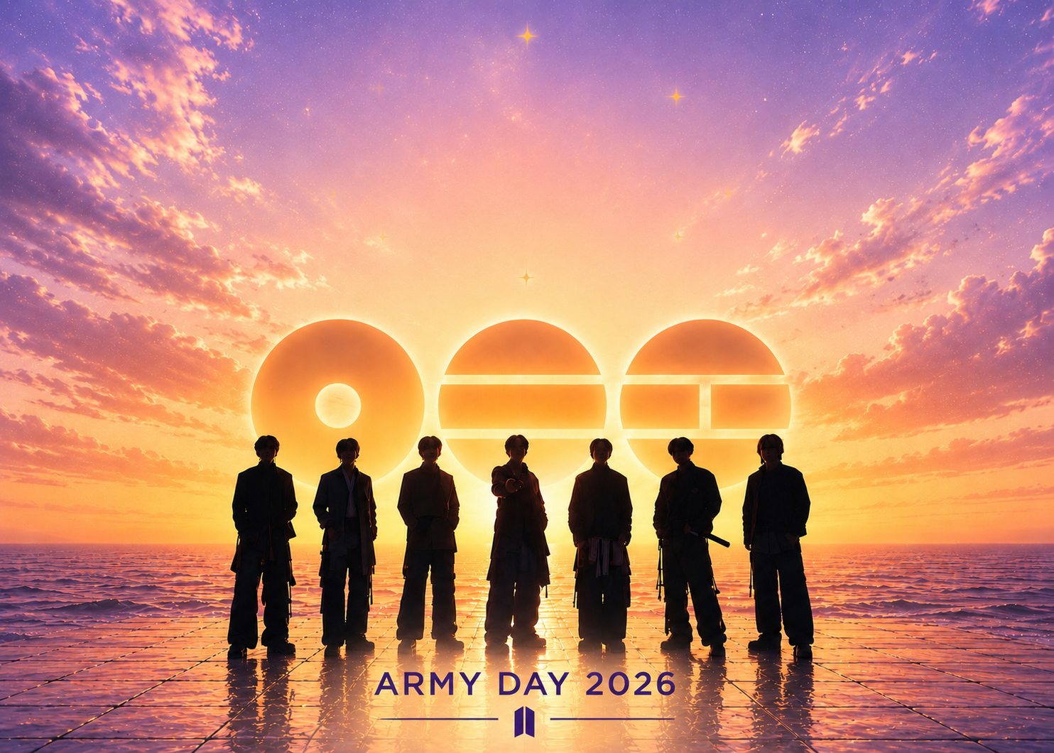 Silhouettes of seven people in martial arts uniforms standing on a reflective surface during a colorful sunset with a sky filled with clouds and stars. Large, stylized text spelling 'ONE' is in the background with a sunrise or sunset behind it. Below, text reads 'ARMY DAY 2026' with a small logo.