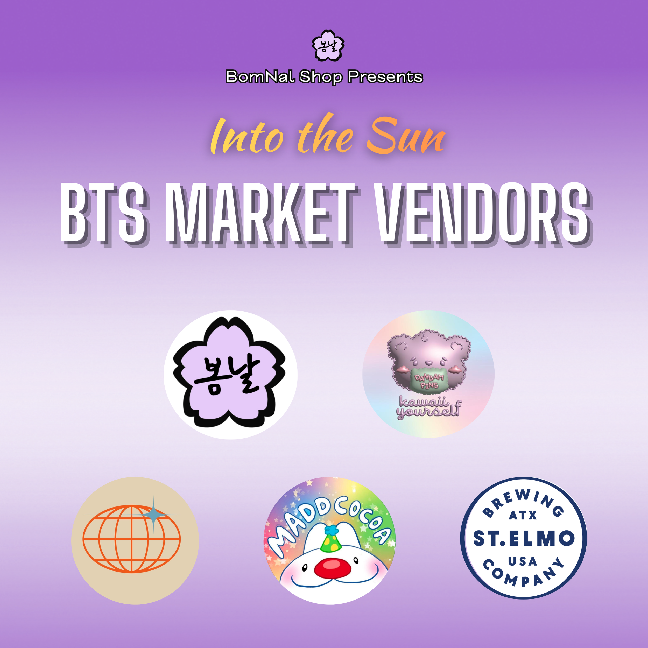 A collection of stickers with various designs and messages, including a rainbow-colored hat, a smiling clown face with a party hat, a globe with a rainbow, and companies like 'Addococo' and 'Brewing at St. Elmo's' in a circular badge, all set against a purple gradient background.