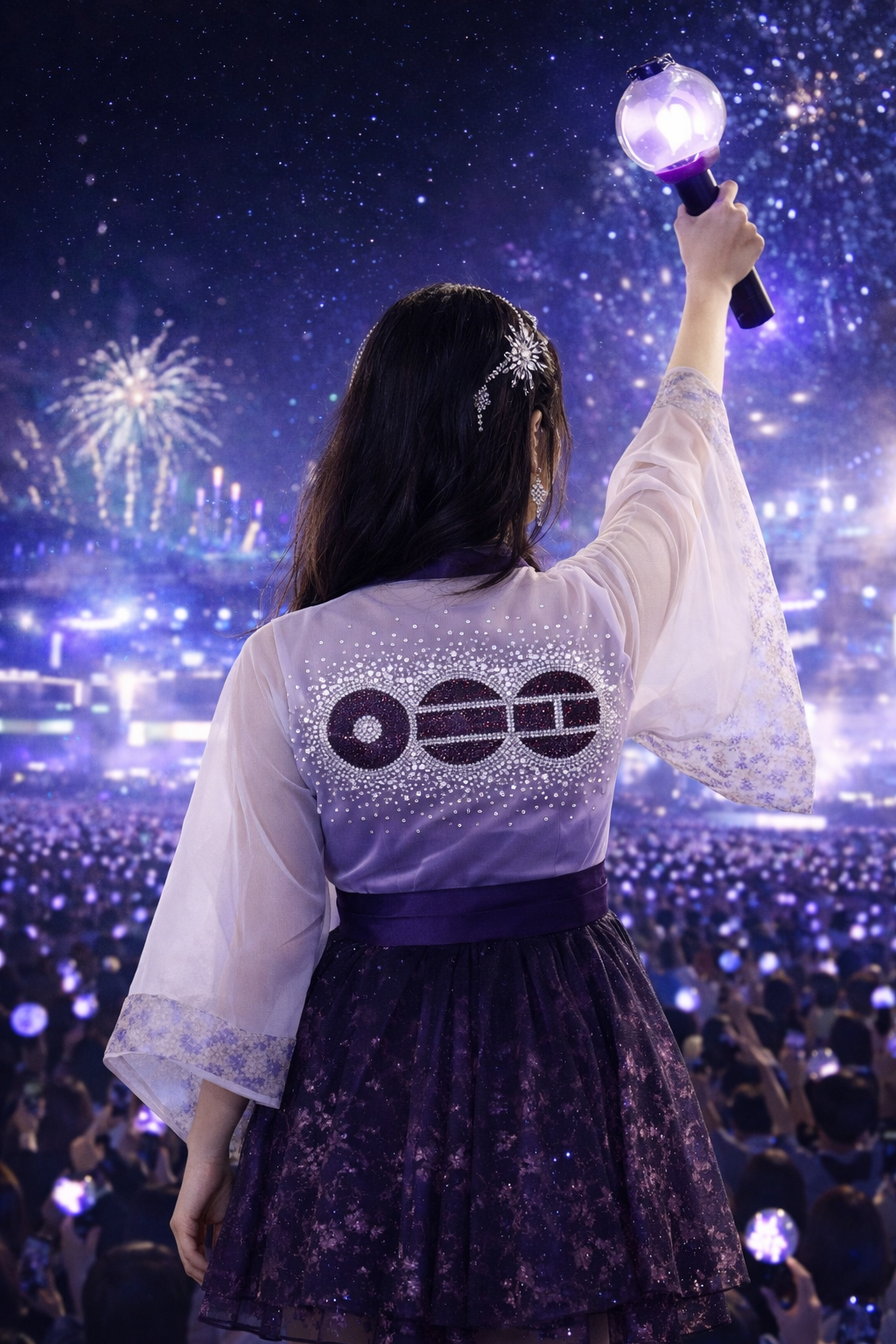 A woman stands in front of a large crowd during a fireworks display at night, holding a purple lantern in her right hand, with her back to the camera, wearing a white top with decorative designs and a dark skirt.