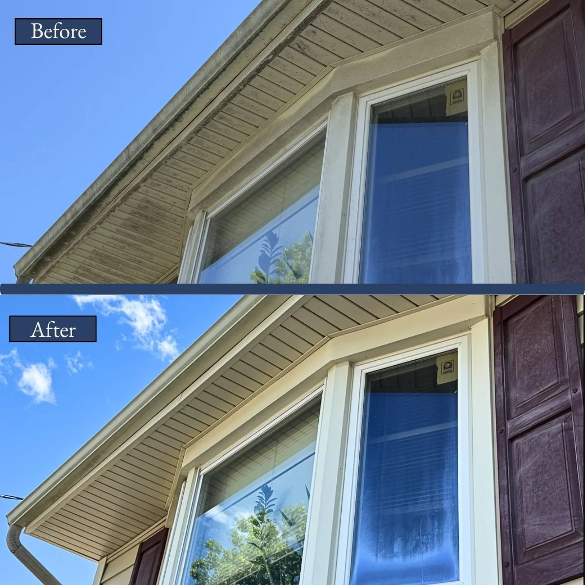 Comparison photo of a house window area labeled 'Before' with dirty and dull siding and 'After' with clean siding and bright appearance under a blue sky.