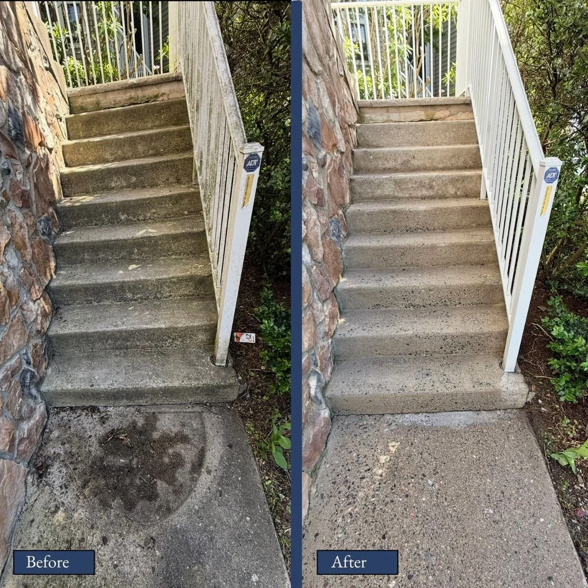 Side-by-side comparison of a staircase before and after cleaning and restoration. The before image shows dirty, stained concrete stairs with a discolored concrete landing, and the after image shows clean, bright, and well-maintained stairs with a cleaner concrete landing and freshly painted white railings.