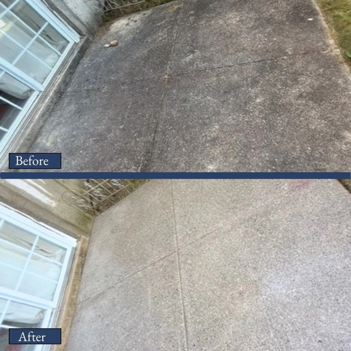 Side-by-side comparison of a concrete driveway before and after cleaning or resurfacing; the 'before' shows a dark, dirty surface, while the 'after' shows a lighter, cleaner surface.