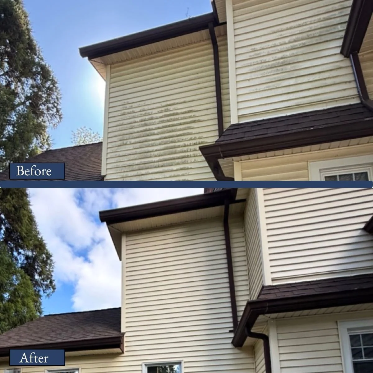 Comparison of house exterior before and after cleaning, showing cleaner cream-colored siding and mold removal.