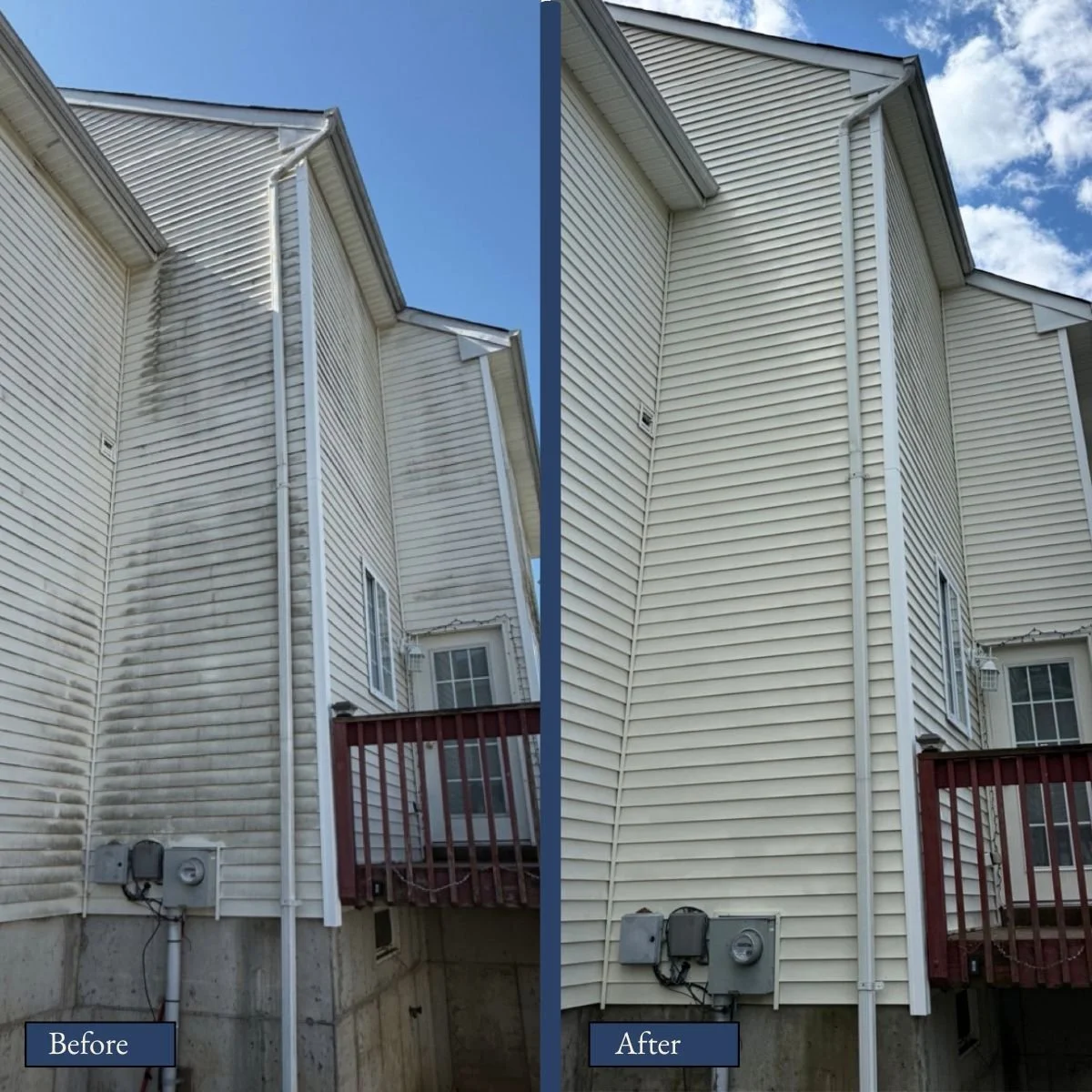 Comparison of house siding cleaning, showing dirty, stained siding on the left and clean, bright siding on the right.