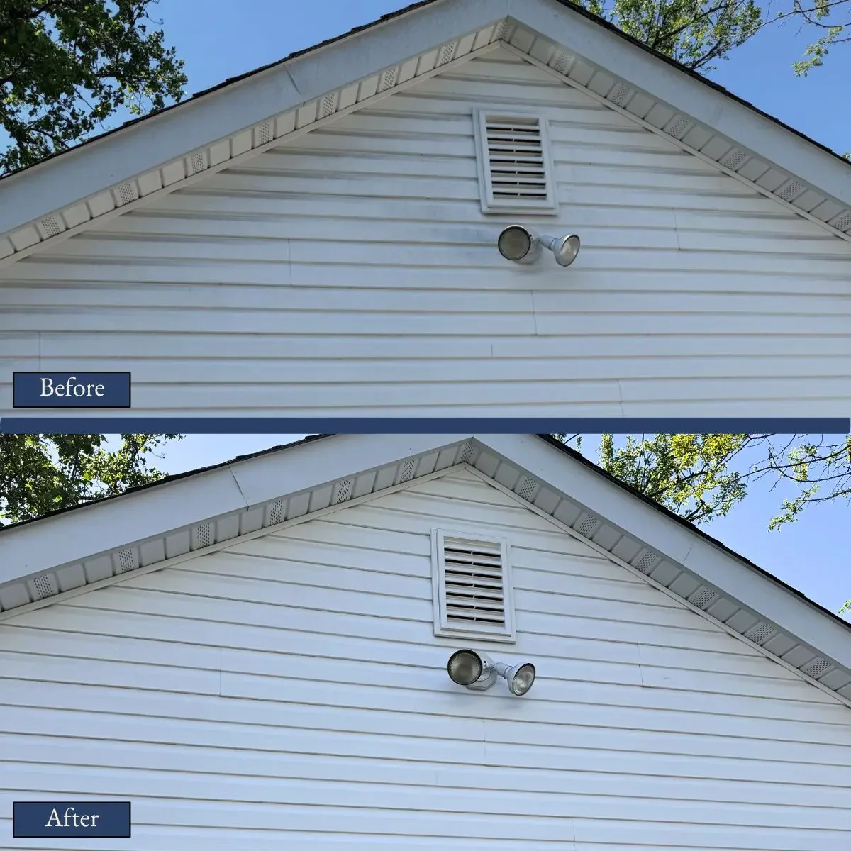 Comparison of house exterior before and after cleaning, showing white siding and a vent, with the after image appearing cleaner.