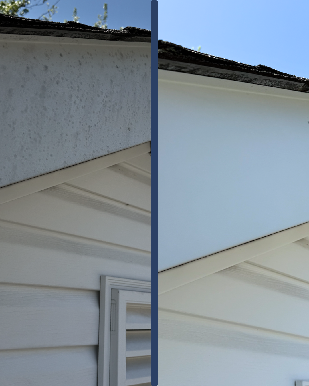 Comparison of house soffit, left side shows dirty and stained soffit, right side shows clean and freshly painted soffit.