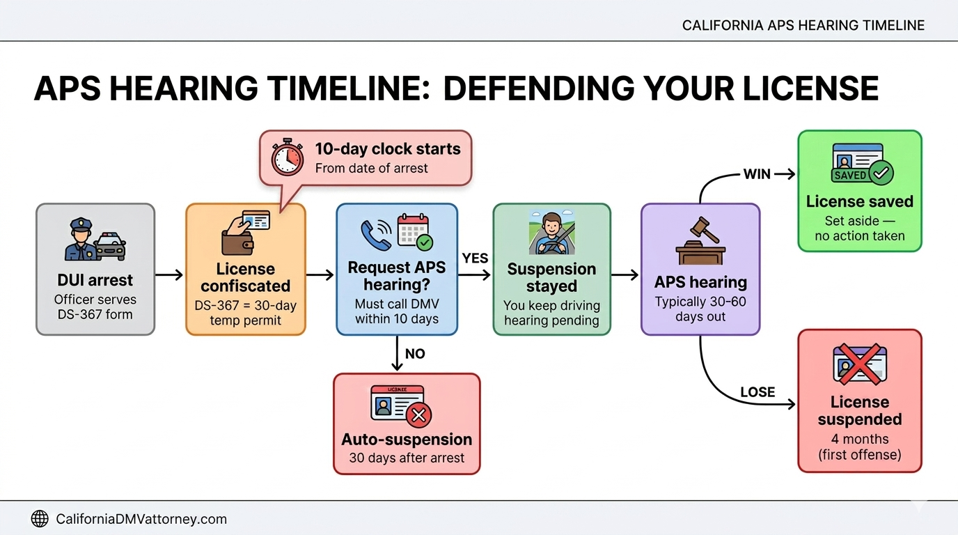 Flowchart showing the California APS hearing timeline for license defense, including steps from DUI arrest, license confiscation, request for APS hearing, suspension, hearing process, and possible outcomes of license saved or suspended.