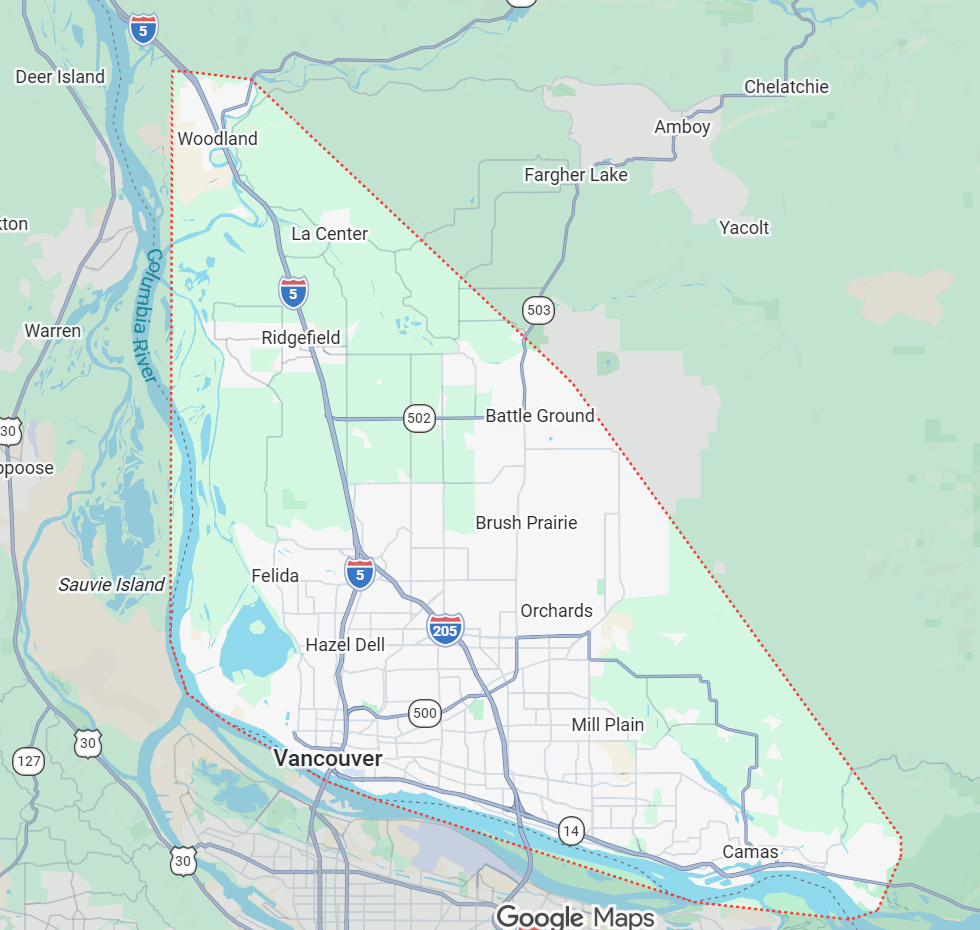 Map of Vancouver, Washington area showing surrounding cities, highways, and the Columbia River, with a red dotted line indicating a border or boundary.