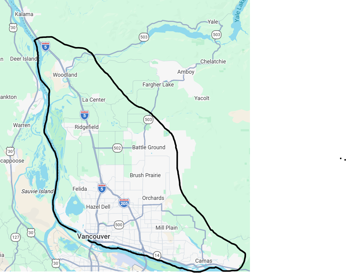 Map showing a black line route from Vancouver, Washington, to Yale, Michigan, passing through areas including Battle Ground, La Center, Woodland, and near Kalamazoo, with lakes and highways marked.