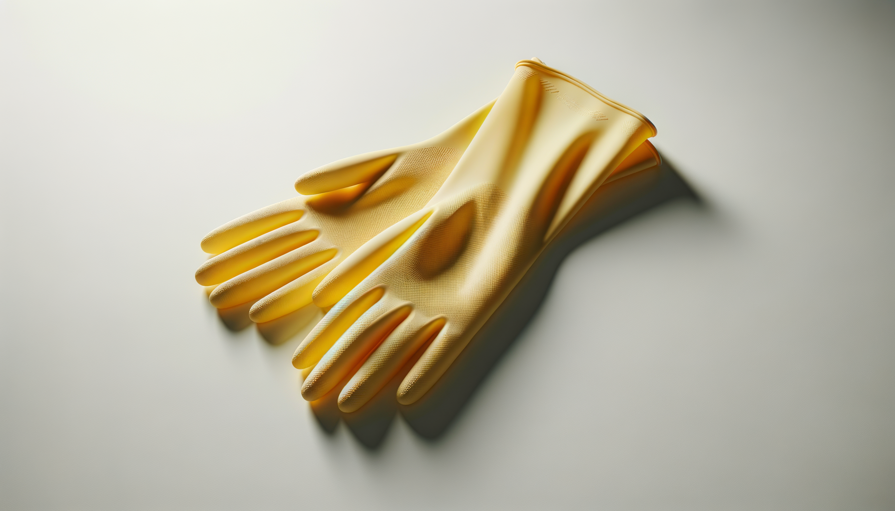 A pair of yellow rubber gloves on a light-colored surface.
