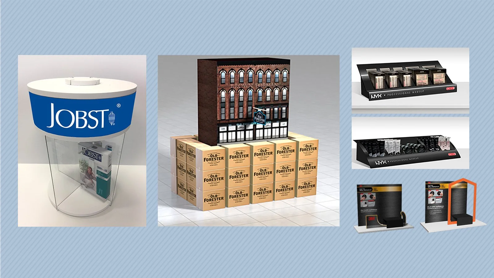 countertop friction-fit carousel, store aisle display and countertop renders