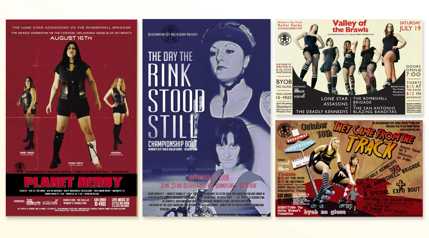 roller derby posters featuring different league members and movie tie-ins