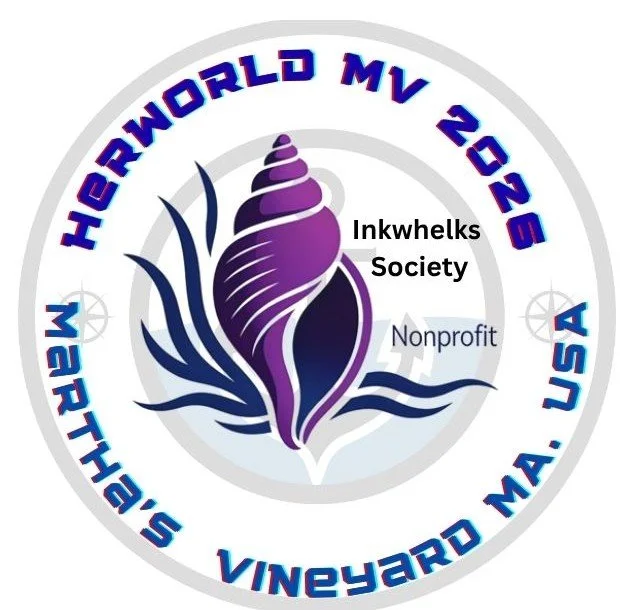 Logo for Heartworld MV 2023, North Bay, M.A., USA, featuring a purple conch shell with wave-like designs and the text 'Heartworld MV 2023', 'North Bay M.A. USA', and 'Inkwhelks Society Nonprofit'.