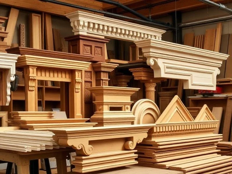 Various unfinished wooden fireplace mantels and decorative wood trim in a woodworking shop.
