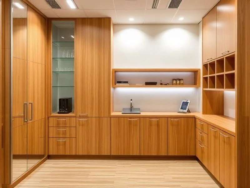 A modern kitchenette with wooden cabinets, a built-in sink, and open shelves with glasses and spices.