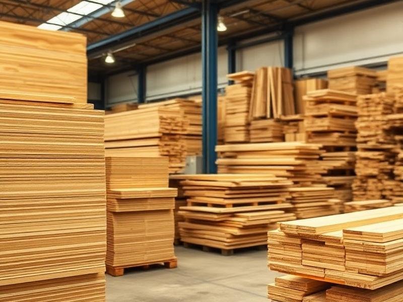 Stacks of plywood and wood boards stored in a warehouse.