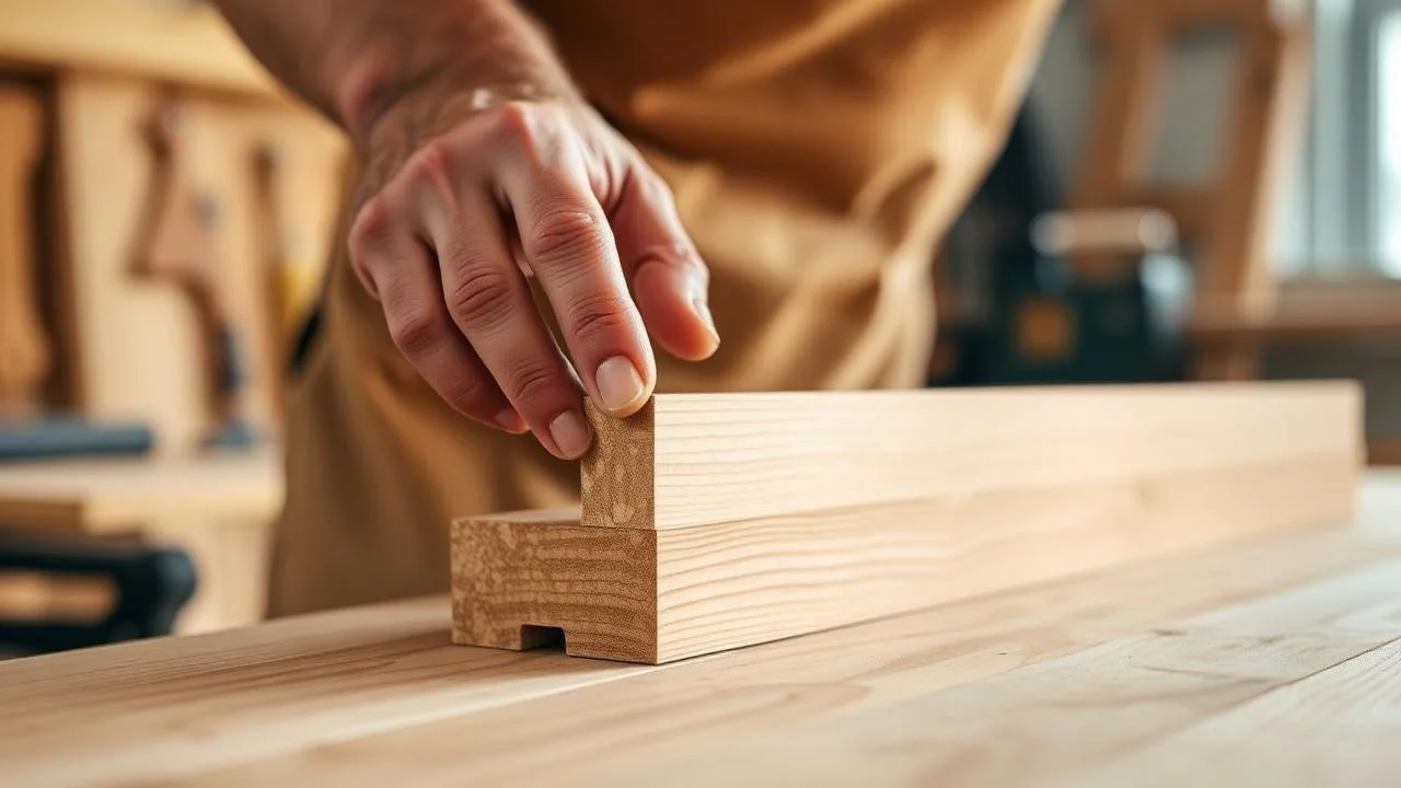 A person assembling a wooden piece in a workshop, holding a wooden board with a hand, with woodworking tools and materials in the background.