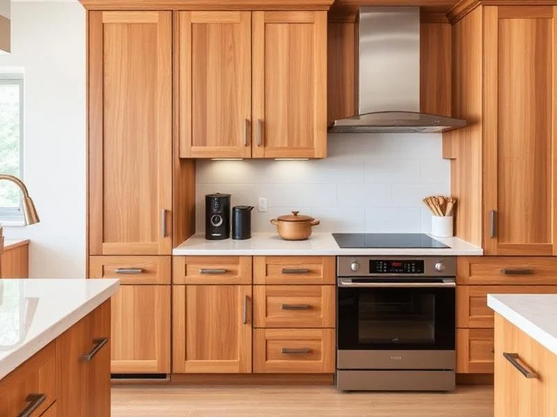 Kitchen with wooden cabinets, white countertops, stainless steel oven, and range hood, with a white tiled backsplash, and small appliances on the counter.