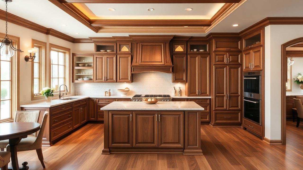 Kitchen with wooden cabinets, a kitchen island, hardwood floors, and large windows letting in natural light.