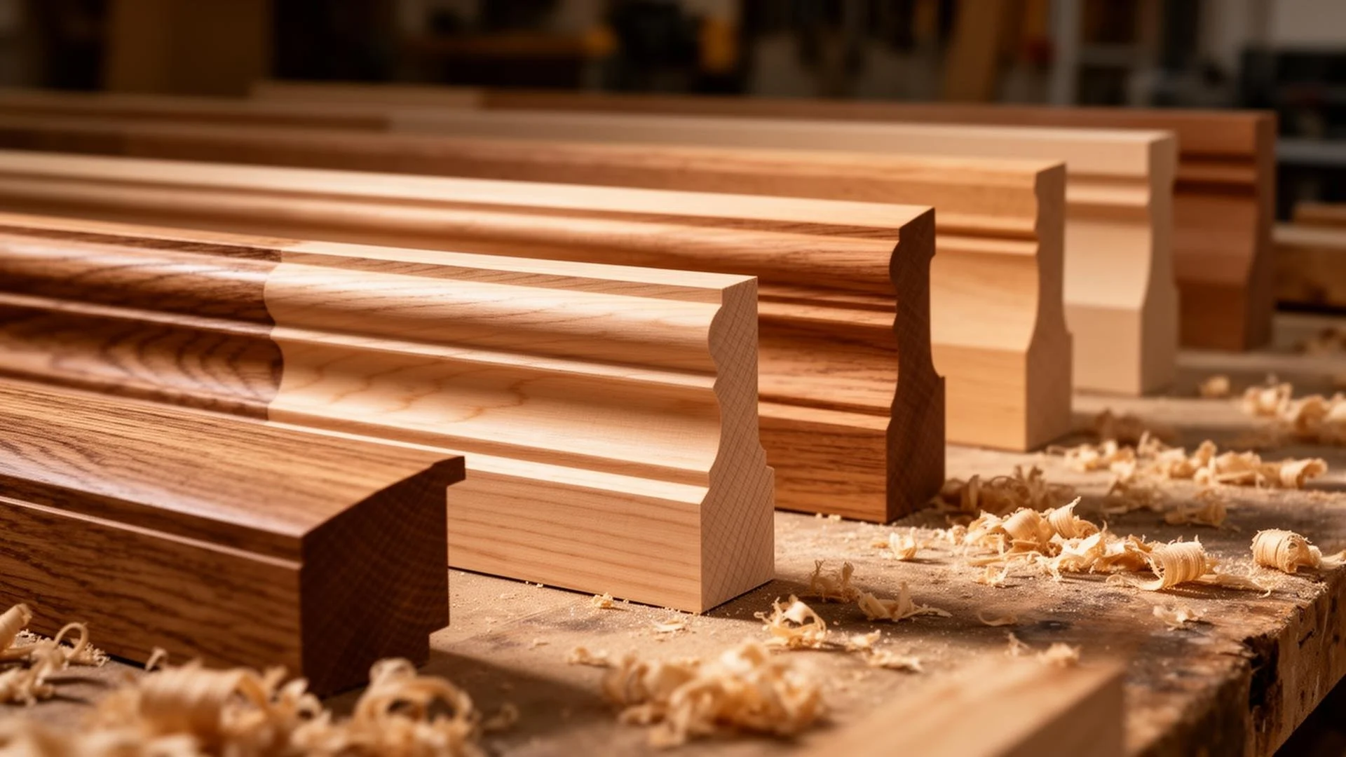 Close-up of wooden molding profiles in a woodworking shop with wood shavings scattered on the workbench.