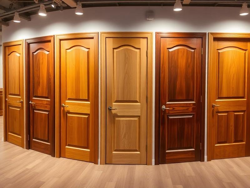 Display of six wooden interior doors in various finishes and shades, arranged in a retail store setting.