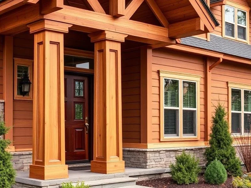 Close-up view of the front entrance of a house with a wooden porch, two large wood columns, a dark brown front door with glass panels, and windows with white frames. The house has a tan exterior with stone accents at the base, surrounded by small bushes and plants.