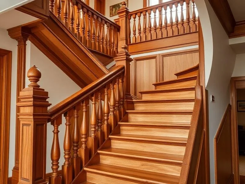 Wooden staircase with carved newel posts and spindles, leading to upper level in a home interior.