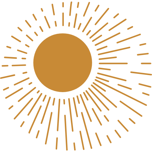 Stylized illustration of a sun with radiating lines in gold against a black background.