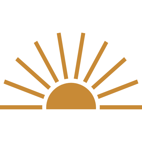 Stylized sunrise with a semi-circle sun and radiating sun rays.
