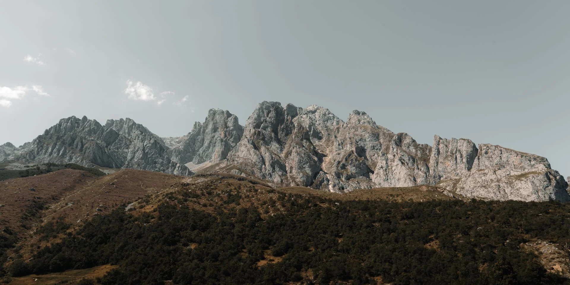 A mountain range with rugged, gray rocky peaks and green and brown forested slopes below under a cloudy sky.