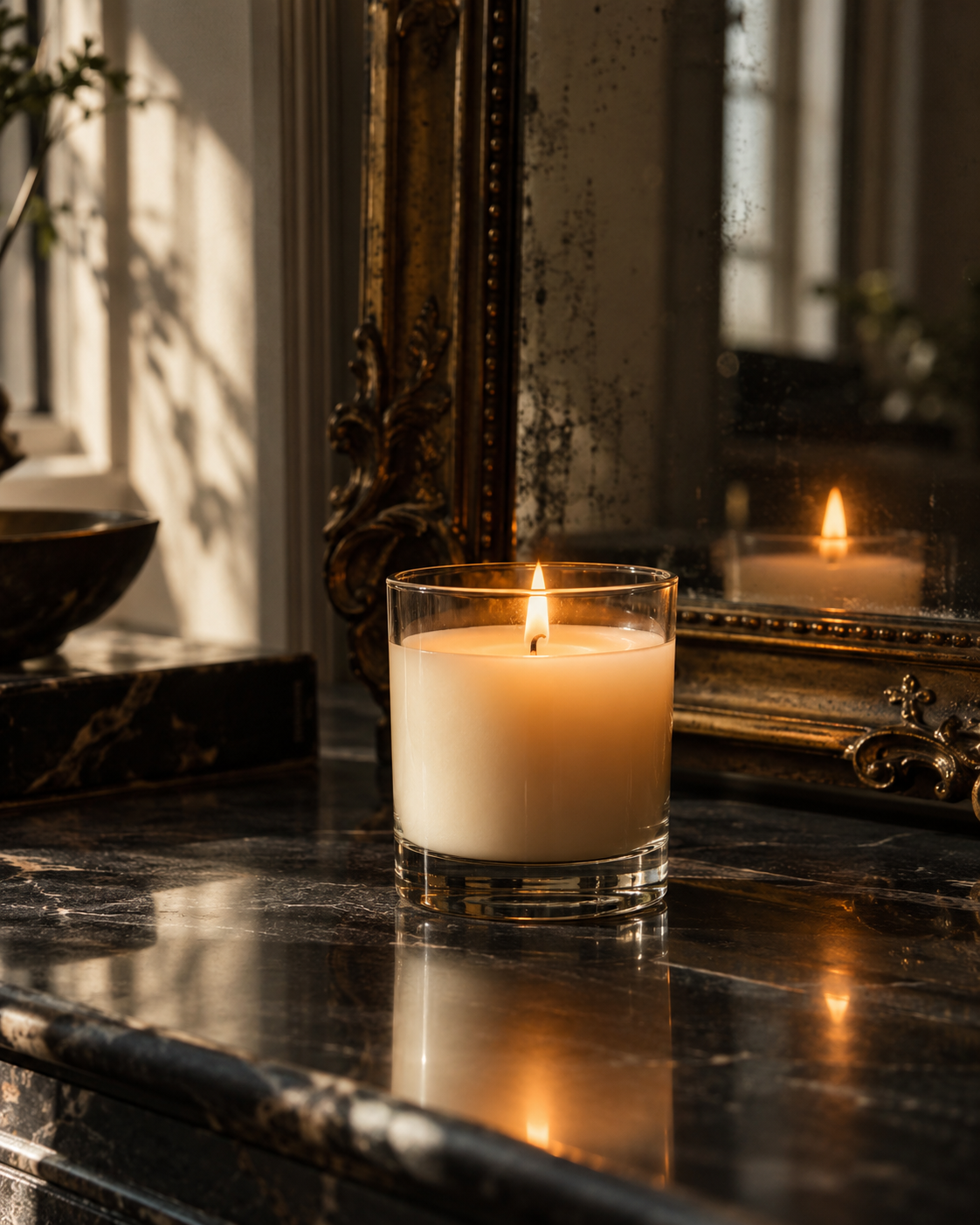 A lit candle in a glass holder on a marble surface, with a gilded mirror and decorative frame in the background. Subliminal Reprogramming.