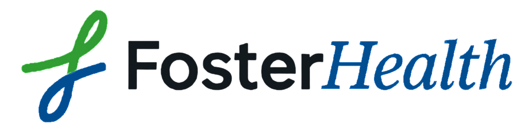 FosterHealth logo with a green and blue stylized ribbon intertwined with the words 'Foster' in black and 'Health' in blue.