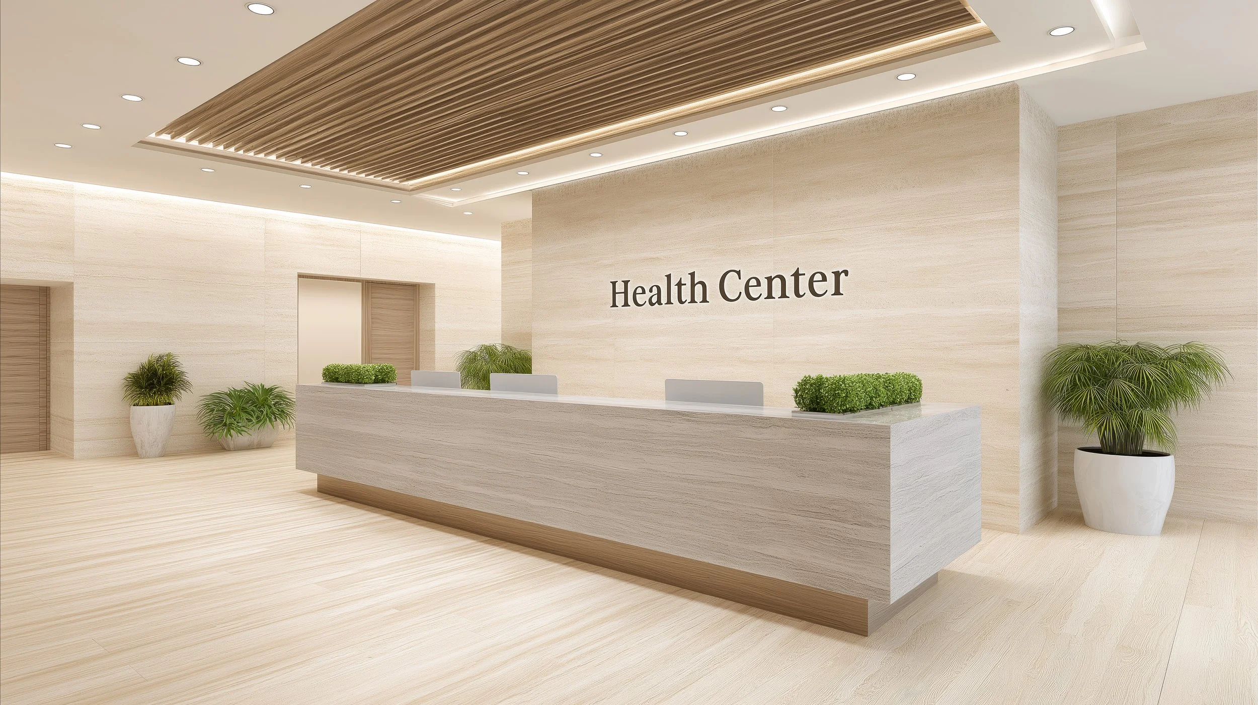 Modern hospital reception area with a beige marble desk, potted plants, and a sign reading 'Health Center' on the wall.