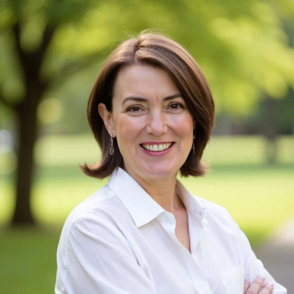 A smiling woman with shoulder-length brown hair, wearing a white shirt, standing outdoors with green trees in the background.