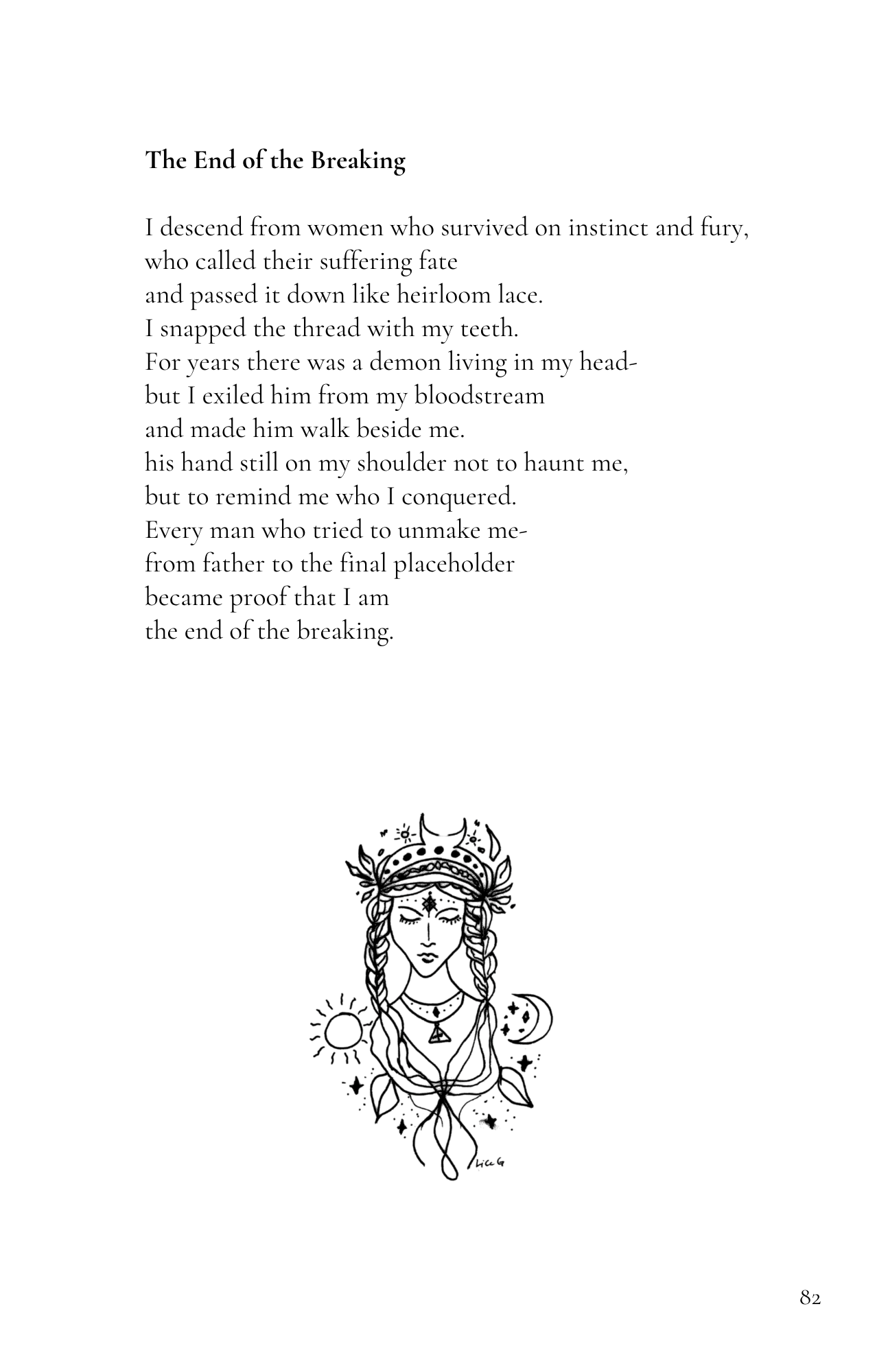 A poem titled 'The End of the Breaking' with a black and white drawing of a serene woman with braids, a headdress, and celestial symbols surrounding her.