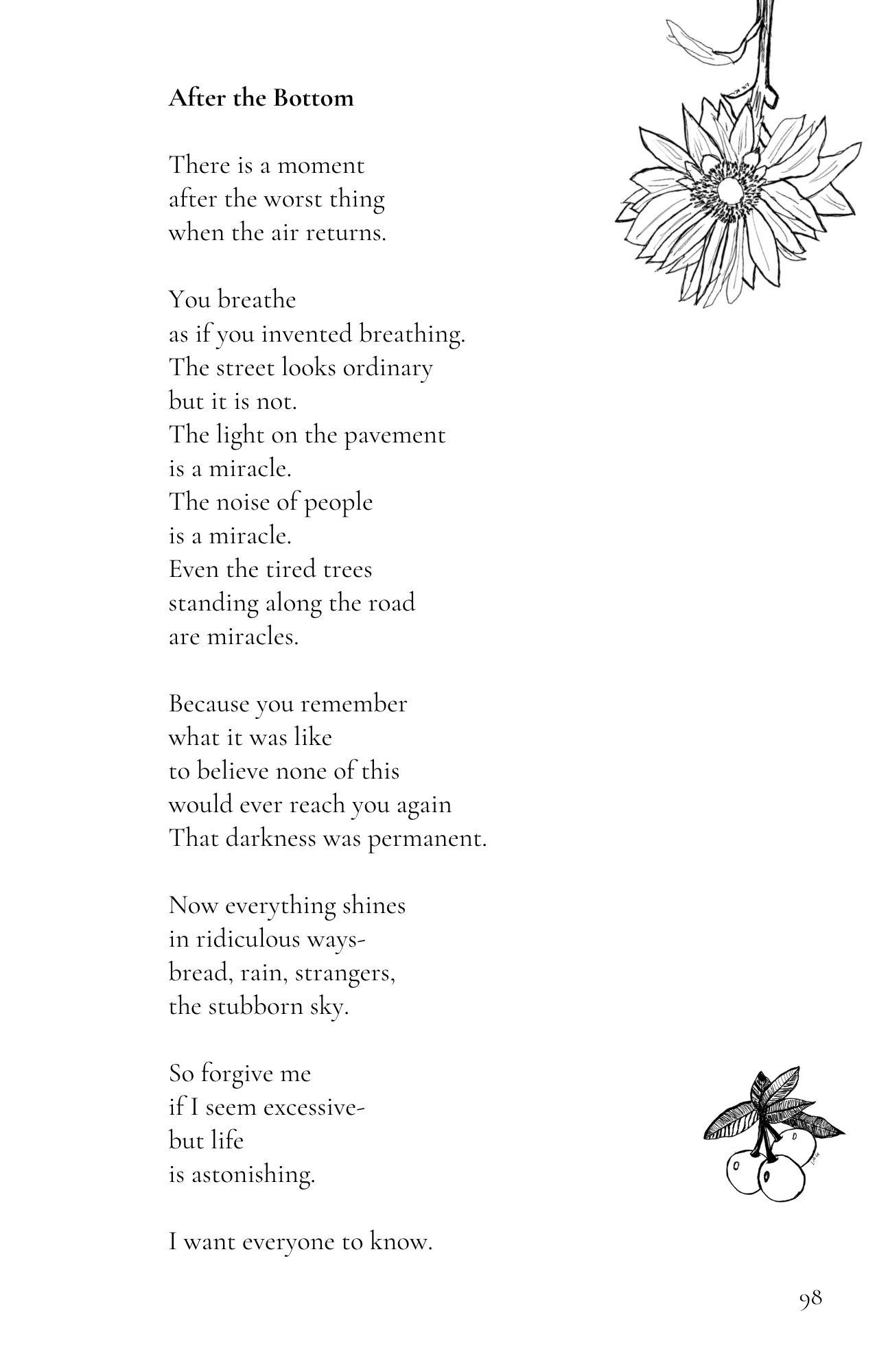 A poem titled 'After the Bottom' on a white page, with a drawing of a sunflower in the top right corner and a small illustration of cherries in the bottom right corner.