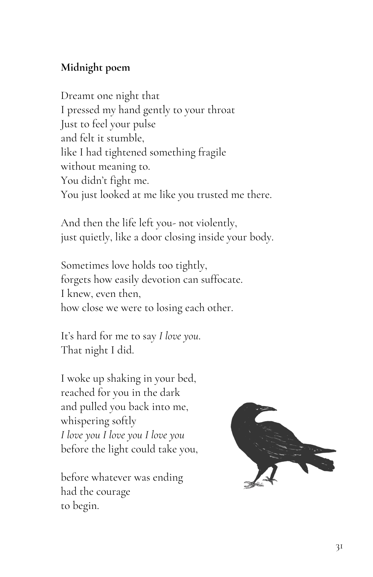 A page from a book or magazine featuring a poem titled 'Midnight poem,' with a black illustration of a crow or raven at the bottom right corner.