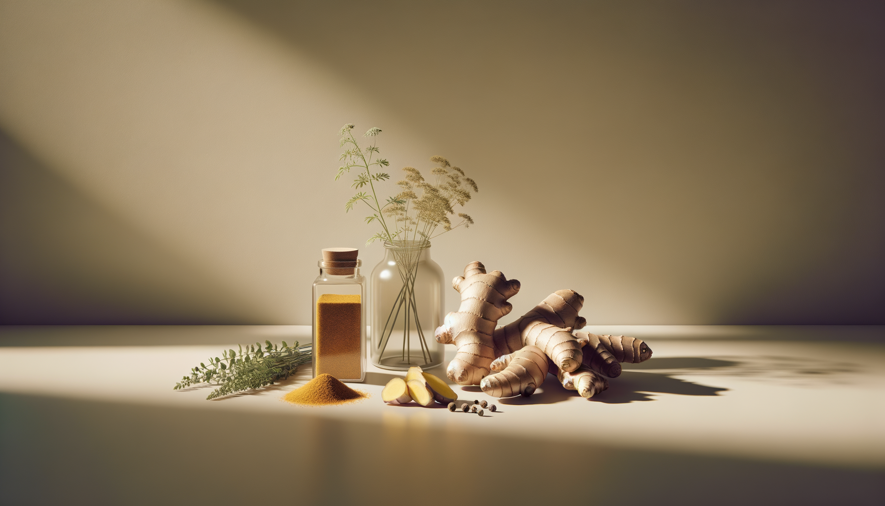 Ginger root, turmeric powder, fresh turmeric slices, black peppercorns, dried herbs, and a jar of yellow spice arranged on a light-colored surface with shadowed background.