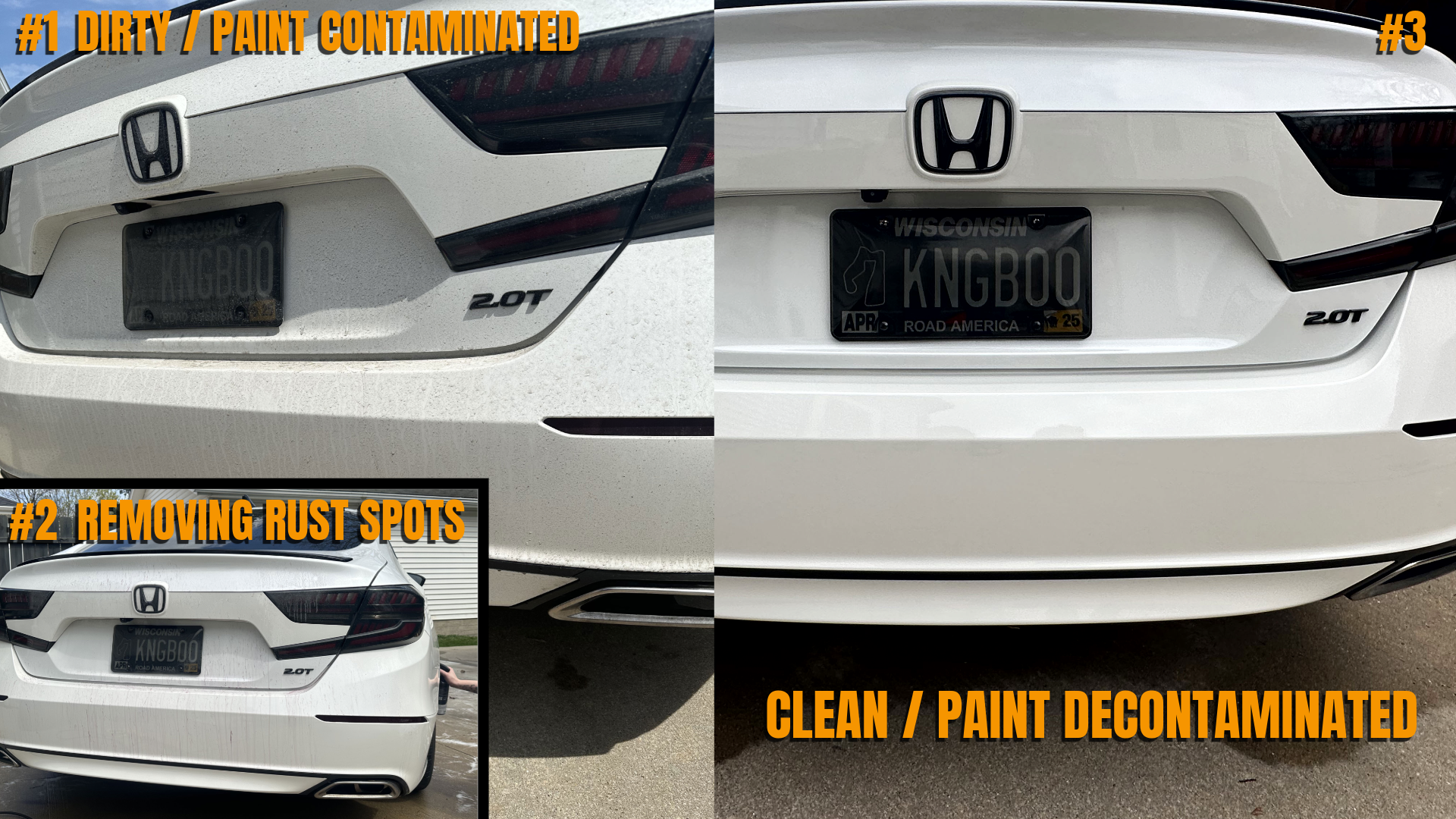 Comparison of a white Honda vehicle's rear showing dirty paint with rust spots on the left and clean, decontaminated paint on the right. The bottom inset shows the dirty rear with rust spots before cleaning.
