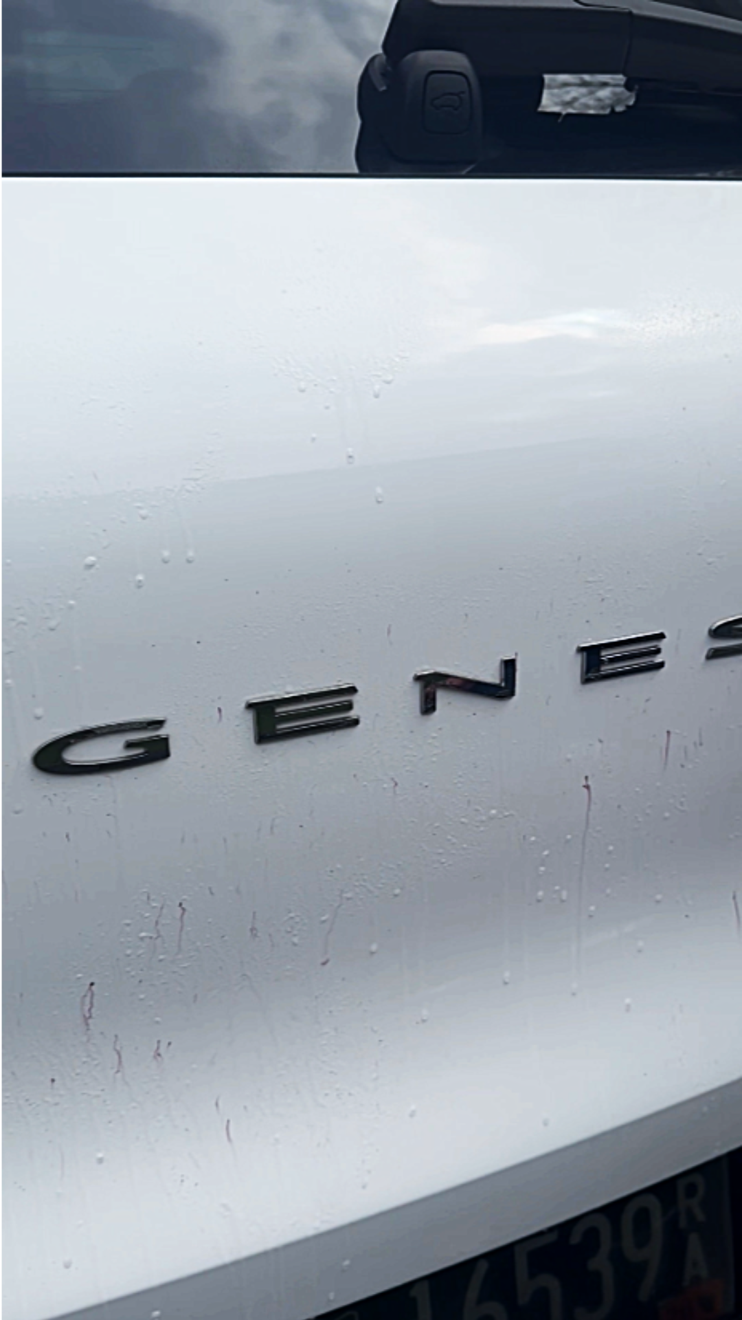 Close-up of the rear of a white Hyundai Genesis, with visible raindrops on the surface and part of a license plate at the bottom.