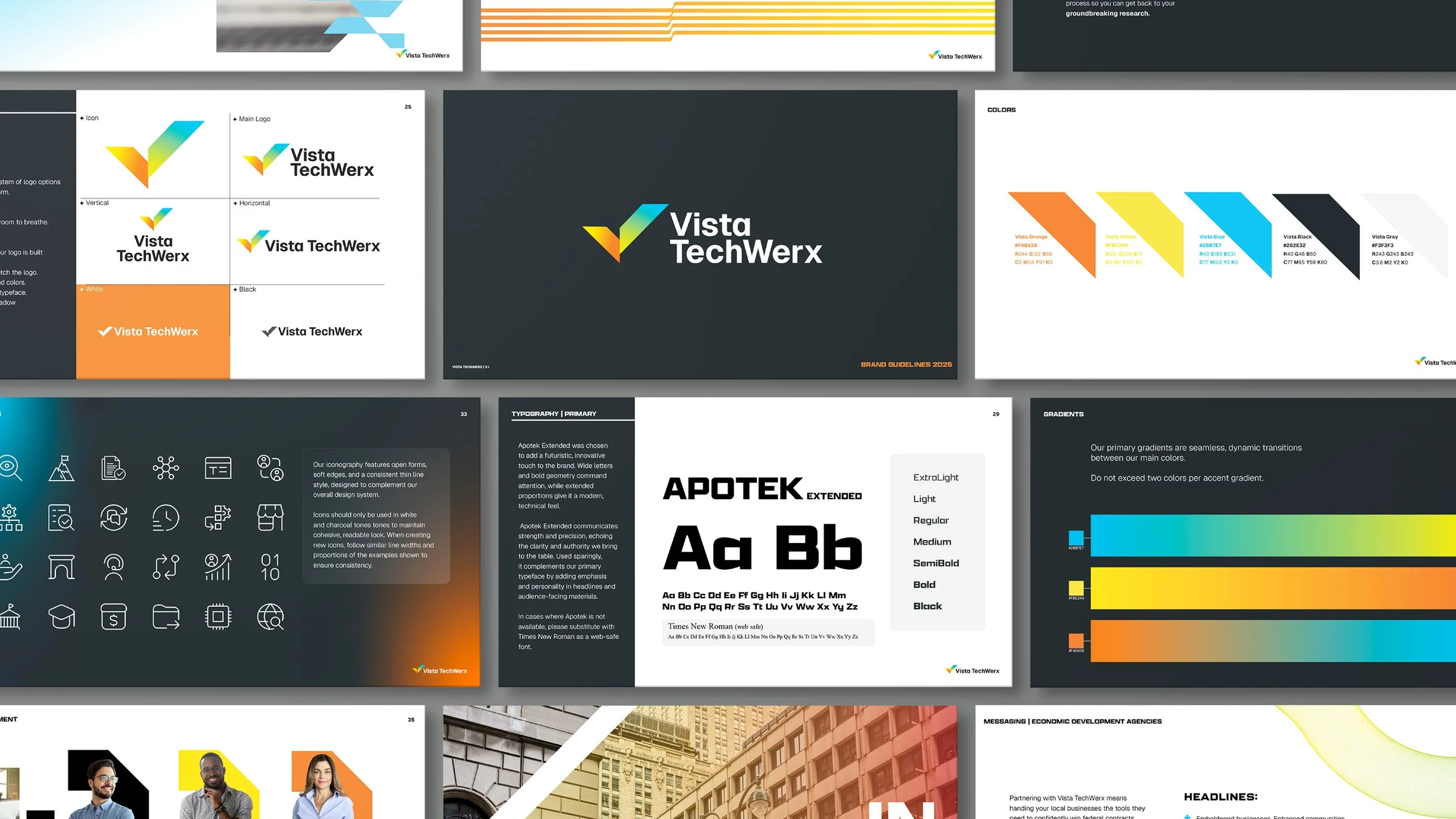 Multiple branding and branding guideline slides for Vista TechWerx, showcasing logo options, color palettes, typography, and design icons.