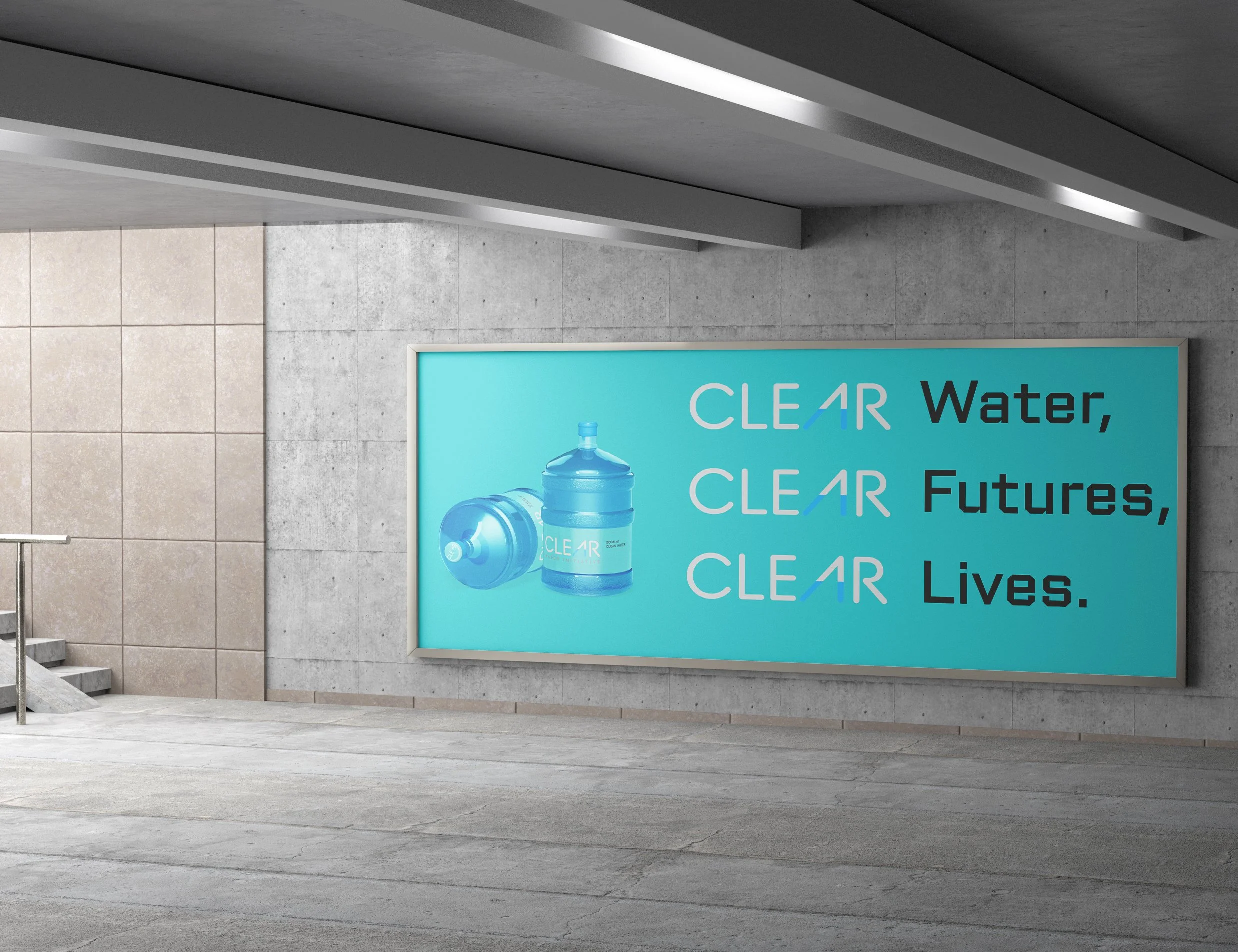 Large digital billboard advertisement promoting clear water and futures, featuring a blue water bottle and a water jug against a light blue background.