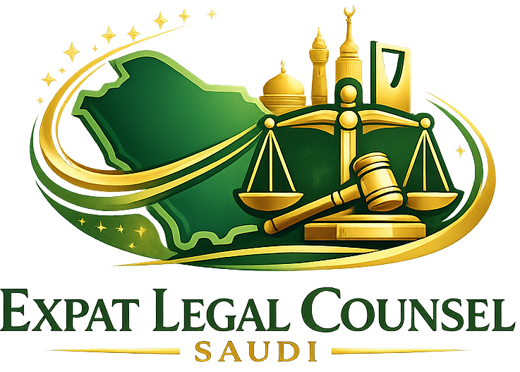 Expat Legal Counsel Saudi logo featuring Saudi landmarks, scales of justice, a gavel, and the map of Saudi Arabia in green and gold