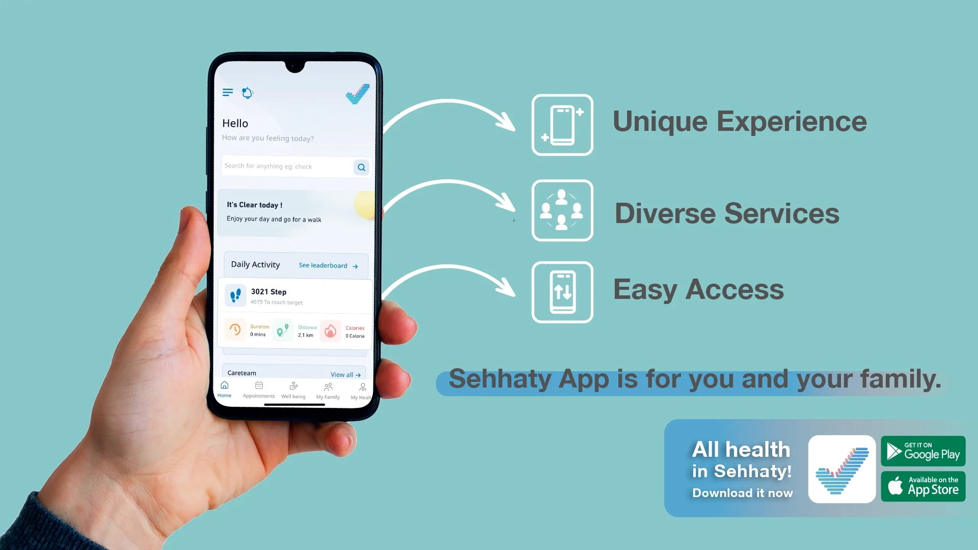 A person holding a smartphone showing the Sehhaty app dashboard with features like daily activity tracking, health appointments, and family health monitoring.