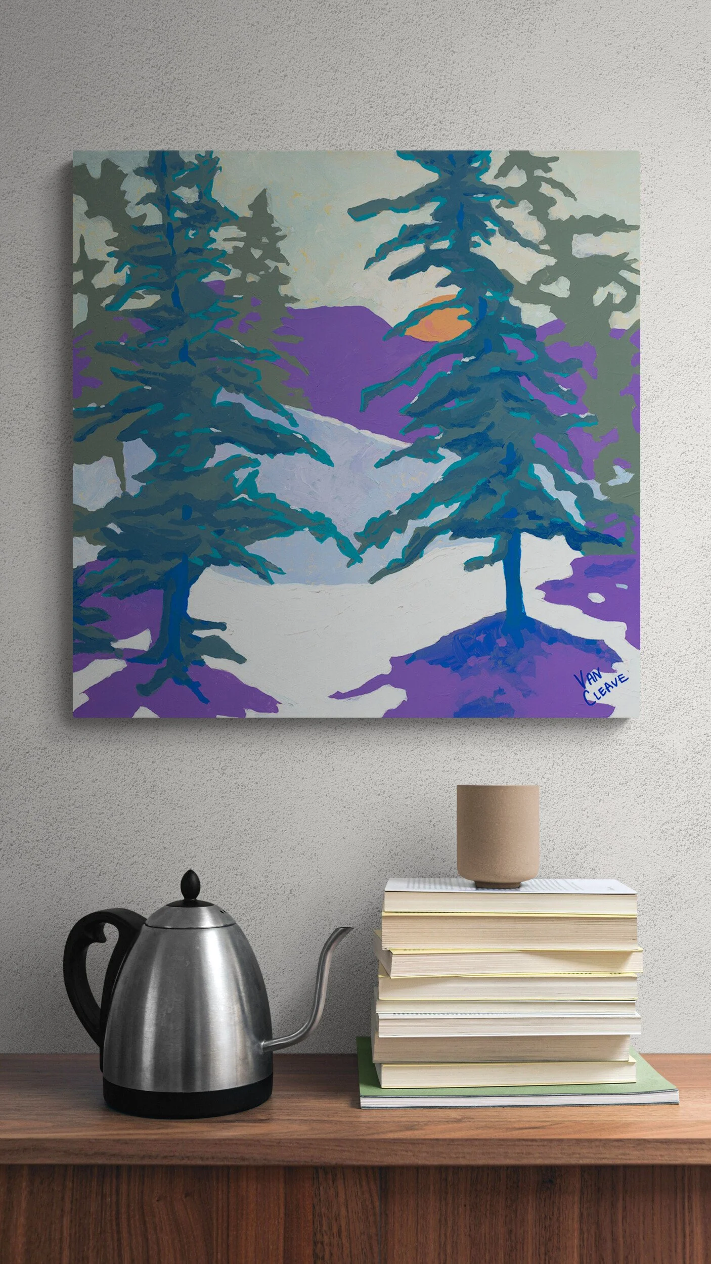 Silent Nordic Ski Painting Above Stack of Books Caley Van Cleave