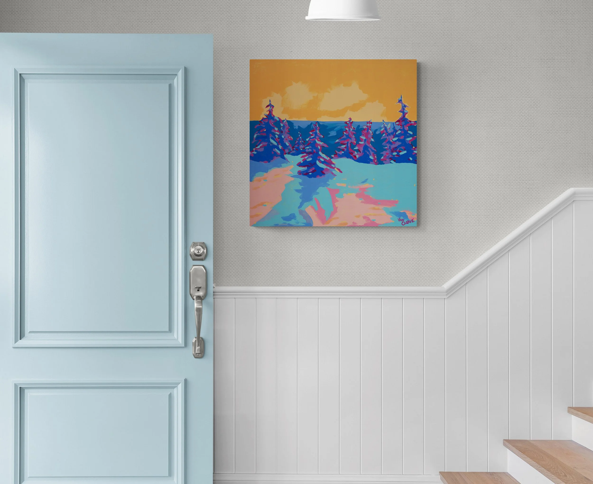 Sunset Nordic Ski Painting in Hallway Caley Van Cleave