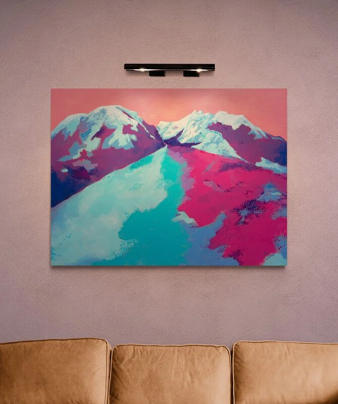 Buffalo and Red Mountains in Winter Painting Above Leather Sofa