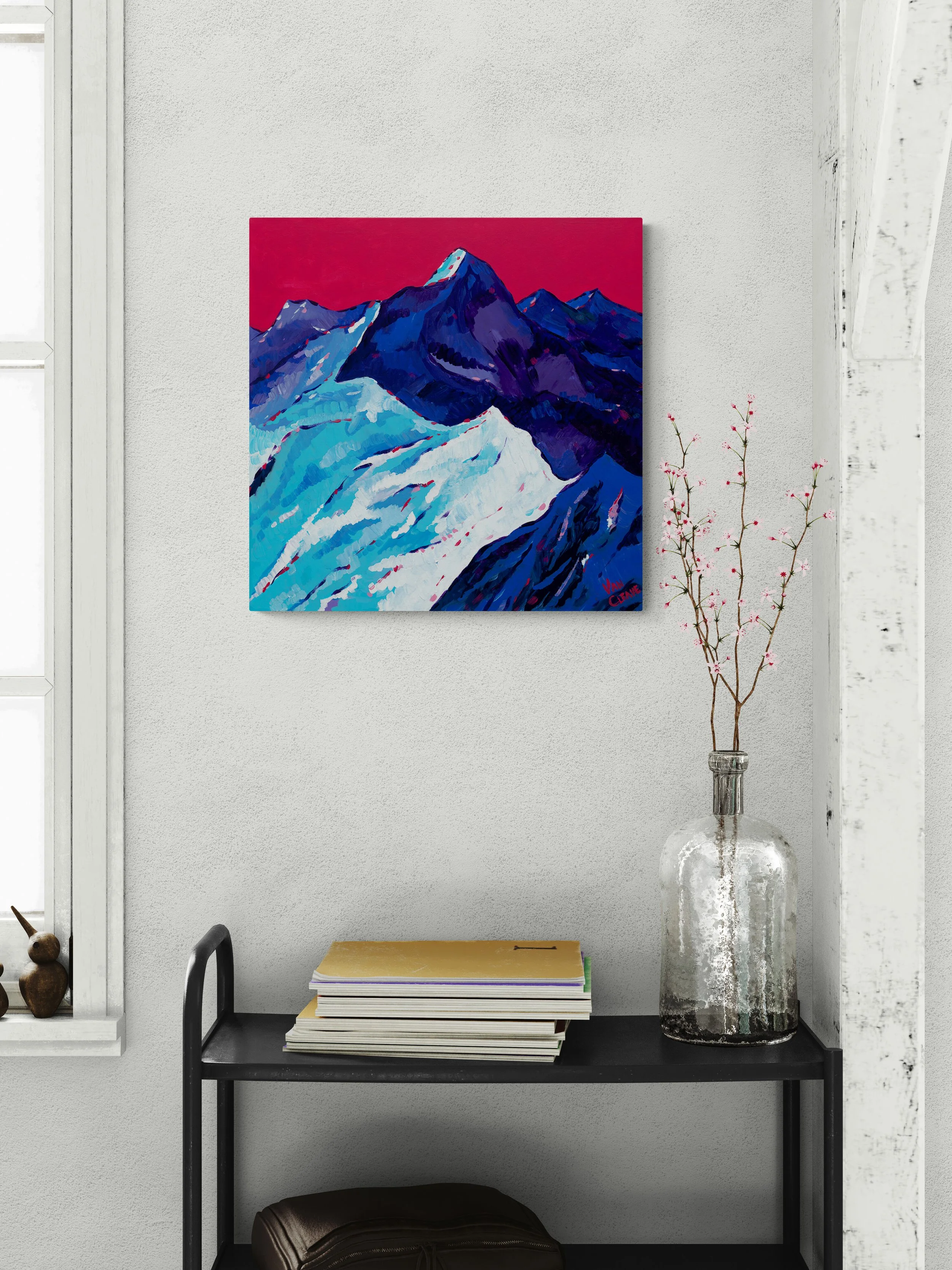 Annapurna Range in Snow Painting Above Bookshelf