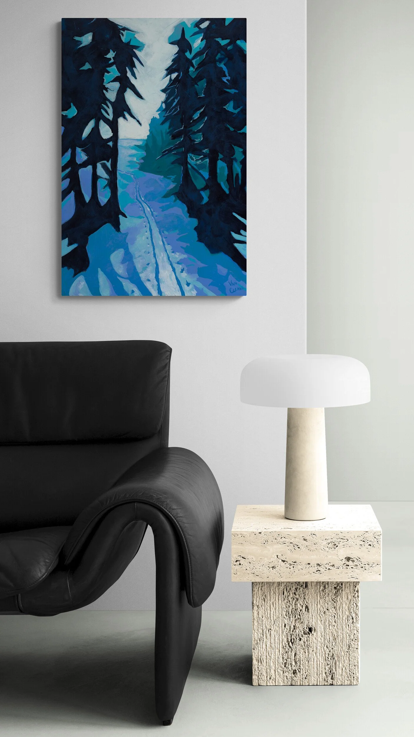 Spruce Creek Evening Ski Painting Above Black Sofa Caley Van Cleave